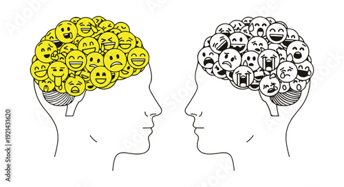 Two human head profiles with brains containing contrasting yellow happy and grayscale sad emojis isolated PNG with Transparent Background