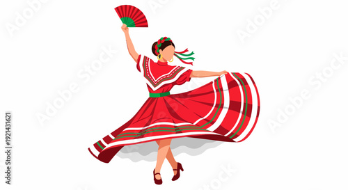 Mexican Dancer Woman in Red Dress with Fan, Traditional Folkloric Dance