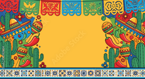 Mexican Fiesta Border with Papel Picado, Cacti, Sombreros, and Maracas