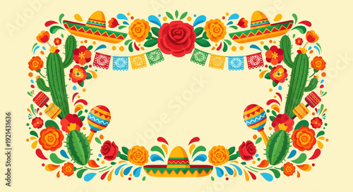 Mexican Fiesta Border with Sombreros, Cacti, and Maracas