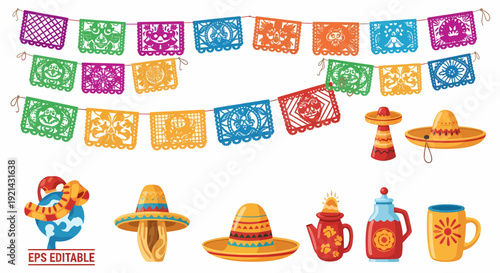 Mexican Fiesta Banners, Sombreros, and Pottery - Celebration Elements