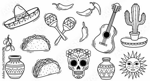 Mexican Fiesta Doodle Icons: Sombrero, Guitar, Tacos, Chili, Cactus, Skull