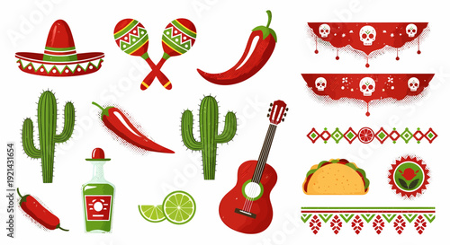 Mexican Fiesta Elements: Sombrero, Guitar, Chili, Cactus, Taco, Maracas