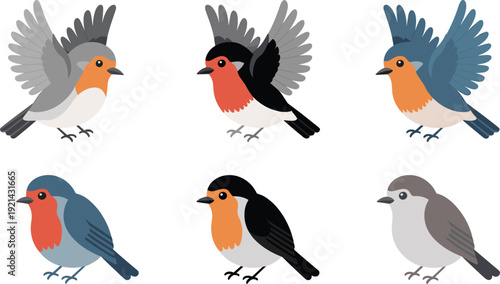 Cute robin bird cartoon vector set with flying and standing bird characters isolated illustration collection