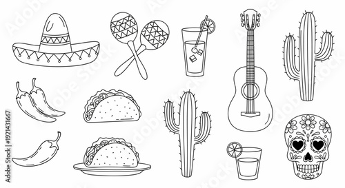 Mexican Fiesta Elements: Sombrero, Guitar, Tacos, Cactus, Skull, Chili, Drinks