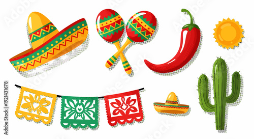 Mexican Fiesta Elements: Sombrero, Maracas, Chili, Cactus, Banner
