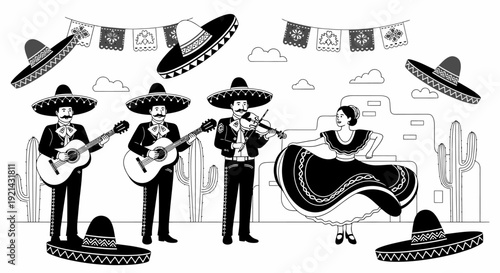 Mexican Mariachi Band Performing Music with Dancer and Sombreros