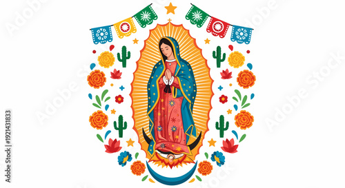 Our Lady of Guadalupe Illustration with Mexican Fiesta Decorations