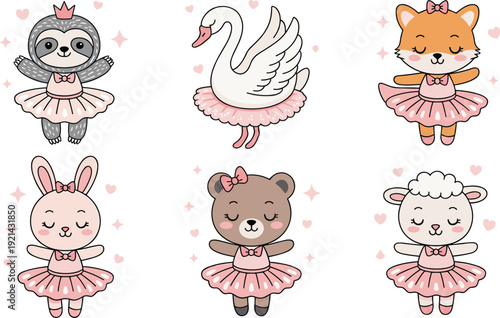 Cute ballerina animals cartoon vector set with swan rabbit fox bear and ballet dancer characters illustration