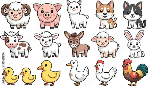 Cute farm animals cartoon vector set with sheep pig cow chicken duck and domestic animal characters illustration