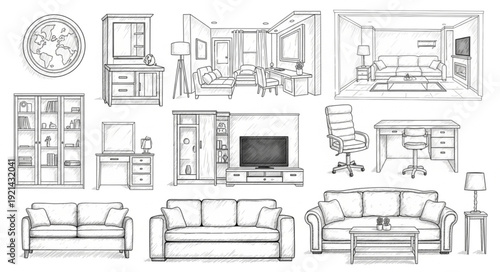 Living Room Furniture Sketches Collection.