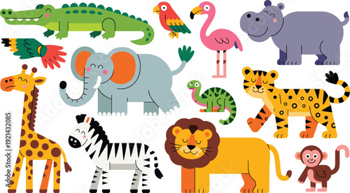 Cute safari animals cartoon vector set with lion elephant giraffe zebra and jungle wildlife characters illustration