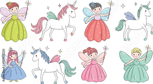 Cute fairy and unicorn cartoon vector set with magical fantasy characters for kids illustration collection