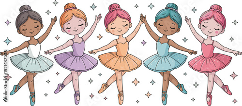 Cute ballerina girls cartoon vector set with ballet dancers in colorful tutu dresses isolated illustration