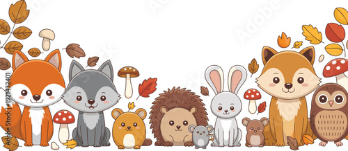 Cute woodland forest animals cartoon vector set with fox deer hedgehog rabbit and autumn characters illustration