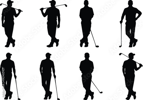 Silhouettes of golfers in various poses with golf clubs and accessories