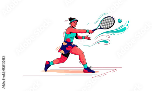 A dynamic illustration of a female tennis player in action, hitting a forehand with energy and focus on a court.