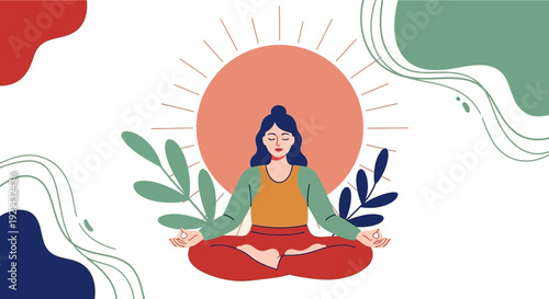 A woman meditating peacefully in a lotus position with a sunburst behind her, surrounded by abstract shapes and foliage.