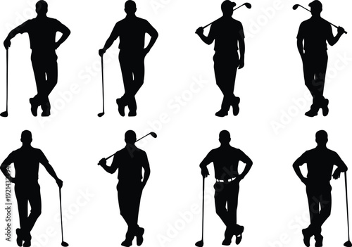 Silhouettes of golfers demonstrating various poses and techniques on a course