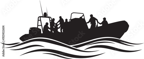 Boat silhouette with people isolated on transparent background