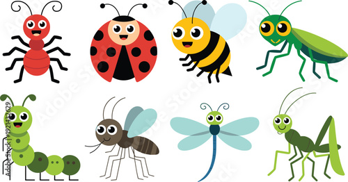 Cartoon bug and insect characters vector collection with cute bee ladybug and dragonfly illustration set