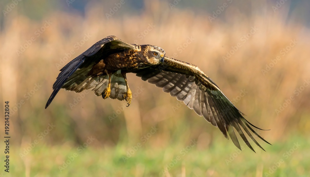Fototapeta premium A hawk soars low over a field, wings spread, feathers detailed, eyes forward. Grass and foliage out of focus behind it