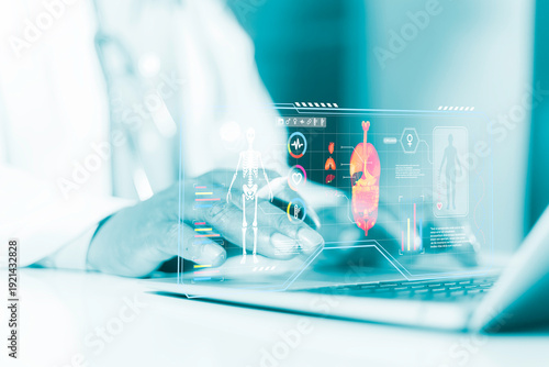 Bilde på lerret Doctor using laptop with virtual healthcare interface displaying longevity concept and medical icons