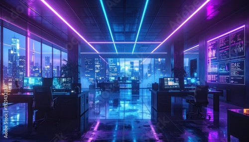 A modern, neon-lit office space with multiple computer workstations overlooks a vibrant nighttime cityscape, displaying data on screens and a large wall display.