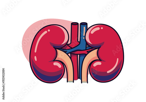 Illustration of two healthy human kidneys with associated blood vessels, showing the renal artery and vein.