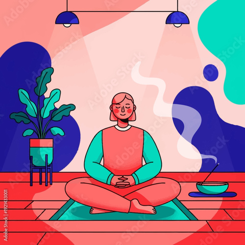 A person meditating peacefully in a cozy room with plants and incense.