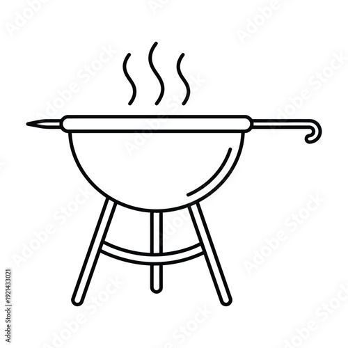 Clean line art illustration of a portable grill with a skewer and steam, representing outdoor cooking, barbecue, and summer grilling.