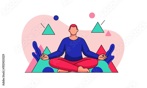 A person meditating in a lotus position with abstract geometric shapes in the background.