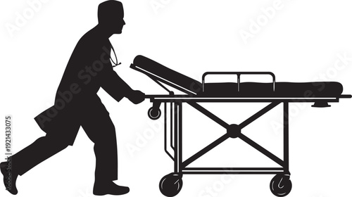 Medical professional pushing hospital gurney silhouette isolated on transparent background