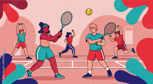 Illustration of people playing tennis on a court, with players holding rackets and a ball in the air, surrounded by abstract shapes.