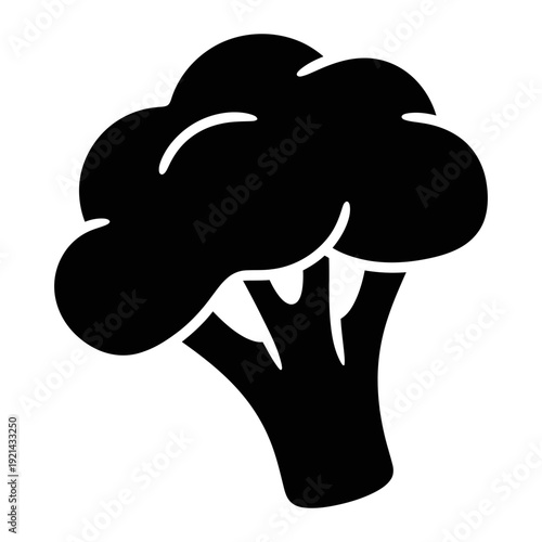 A black silhouette of a broccoli floret on a white background