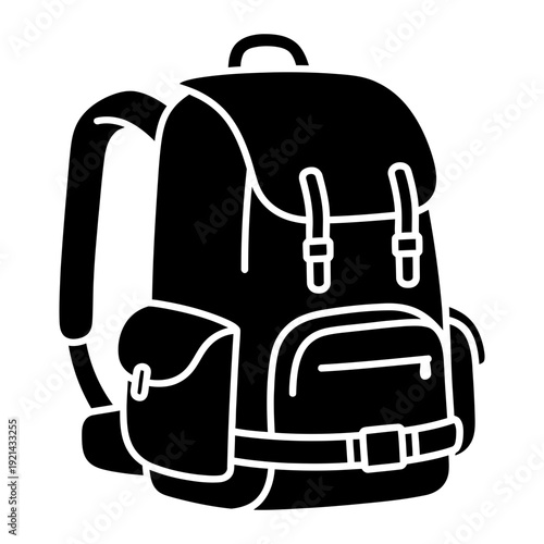A black and white drawing of a backpack