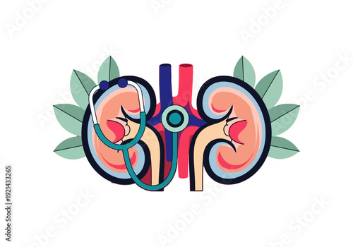 Stylized illustration of human kidneys with a stethoscope and green leaves, representing kidney health and medical care.