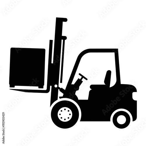 A black silhouette of a forklift with a large box on its forks