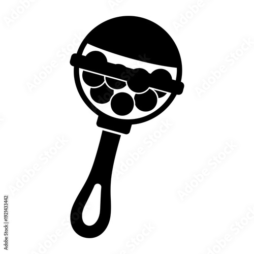 A black and white image of a baby rattle