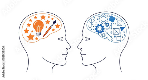 Creative and Logical Brains Concept Vector Illustration. Two Human Heads with Idea Lightbulb and Gears. isolated PNG with Transparent Background