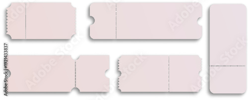 Collection of blank pink ticket stubs and card shapes isolated on white