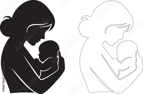 Happy Mother's Day Silhouette and Line Art Vector: Minimalist Mother Holding Baby Illustration for Greeting Cards