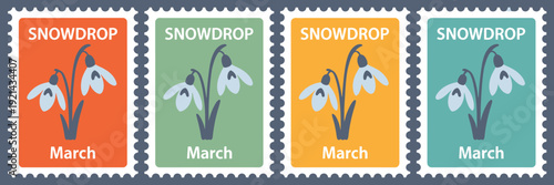 Colorful stamps with snowdrop flowers and march text