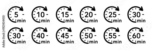 Collection of clock icons with different time intervals in minutes