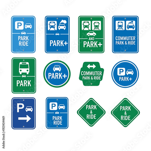 Collection of various park and ride traffic signs and symbols on white background