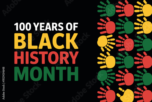 Colorful graphic celebrating 100 years of Black History Month with hand prints