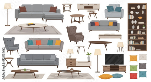 Modern Furniture Collection with Sofas and Chairs.