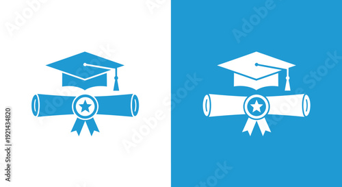 Graduation cap and diploma certificate icons in blue and white colors