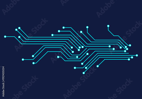 Circuito electrónico de líneas cian con puntos de conexión sobre un fondo azul oscuro
