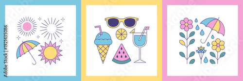 Colorful summer icons with umbrellas sunglasses and drinks on white background
